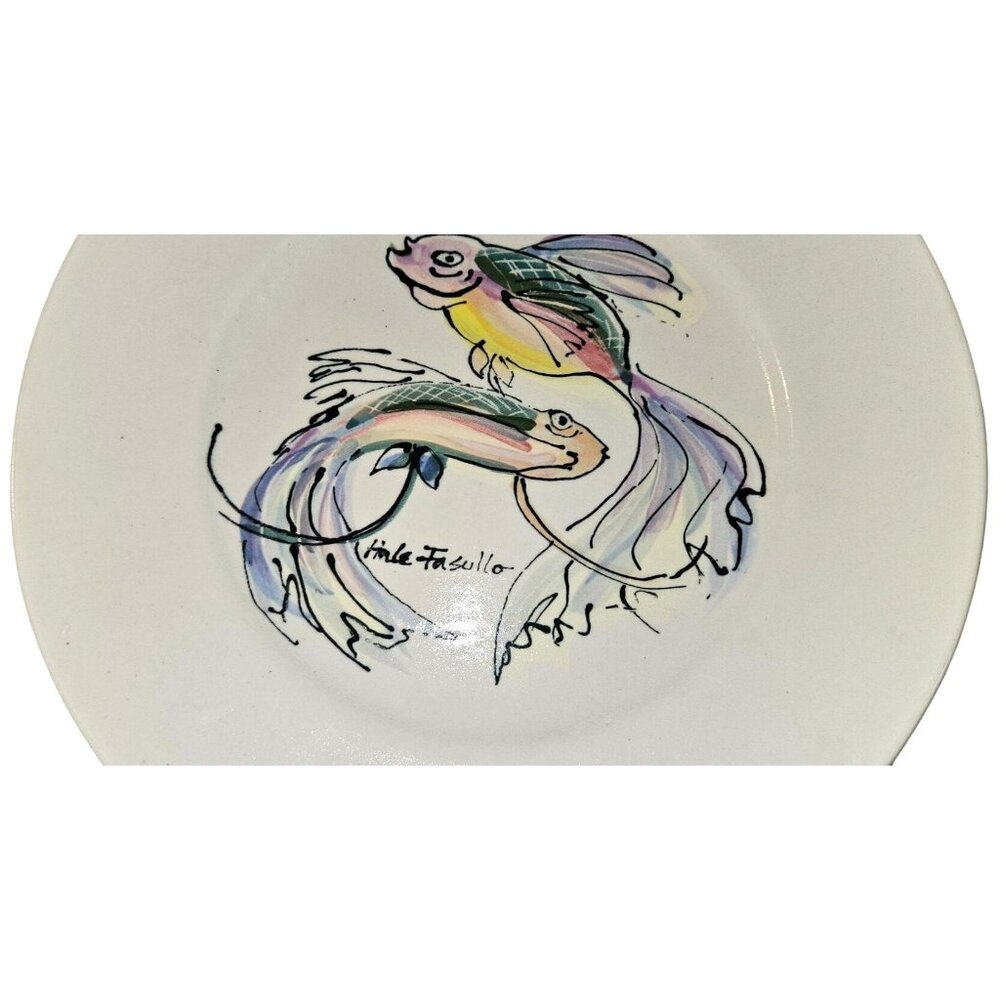Vintage Plate Koi Fish Hand-Painted Ceramic Signed Linda Fasullo Colorful Art 14